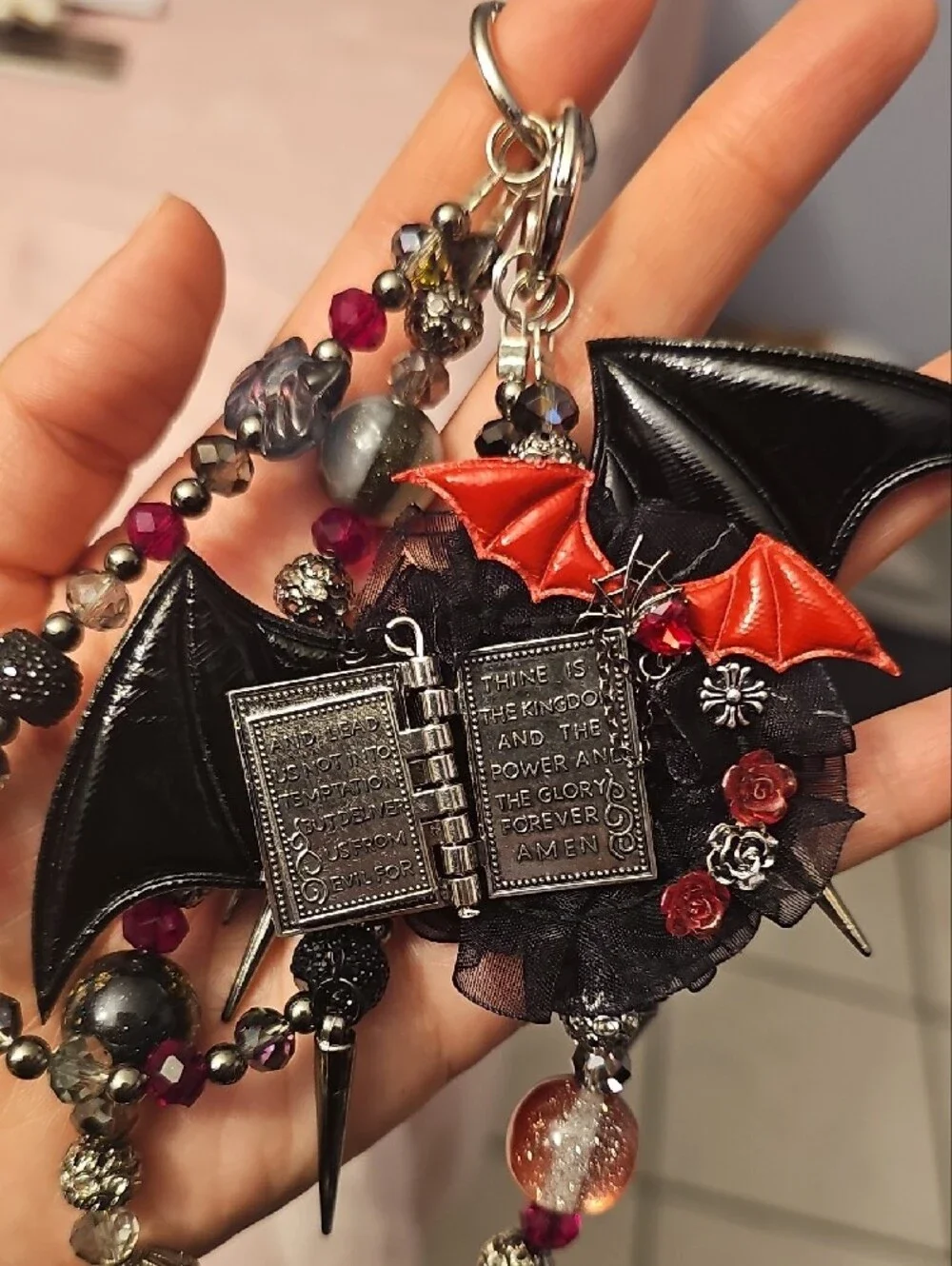 Gothic Black & Red Bat Charm Keychain with Holy Bible Accent